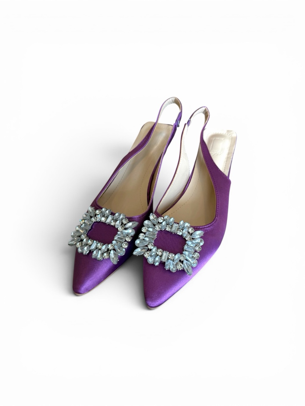 Satin Pointed Slingback Flats with Crystal Buckle - Purple